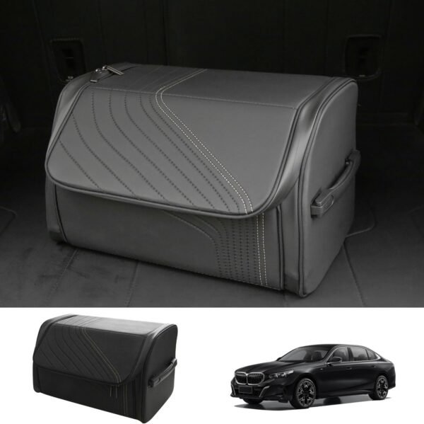 Car trunk organizer with lid and sturdy handle, foldable, durable, high-quality genuine leather storage box