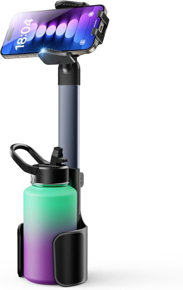 2 in 1 Cup Holder Cell Phone Holder Mount for Car Aluminum Alloy Rod Cup Phone Holder for Car Bottle Free Cupholder Cellphone Holder Easy Use & Stable & Universal Fit 2.5-4'' Cup Holder