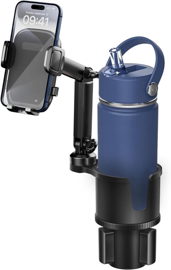 Cup Phone Holder for Car with Expandable Base, 2 in 1 Adjustable Hands Free Cell Phone Holders Car Cupholder Mount, Friendly Fit Large Bottle & iPhone All Cellphone for Truck SUV | No Shake Design