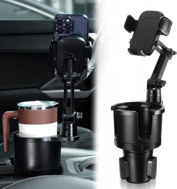 2 in 1 Phone Holder for Car with 360°Rotation & Long Arm Cup Holder Cell Phone Holder for Car Compatible with 4-7 inches Smartphones