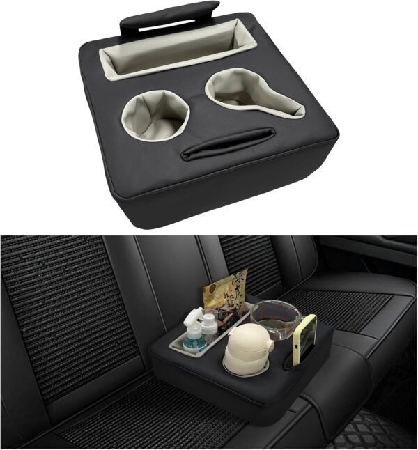 Car Back Seat Organizer, Leather Sofa Cup Tray, Waterproof Pillow to Store Drink Snack Phone, Universal Auto Cup Holder for Car, RV, Sofa, Bed (Black)