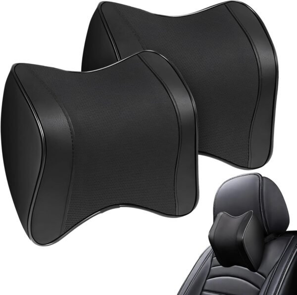 2 Pcs Car Neck Pillow, Faux Leather Car Headrest Pillow, Memory Foam Neck Pillow for Car, Breathable Design, Adjustable Strap, Universal Fit, 8.7 x 8.5 x 3.5 in