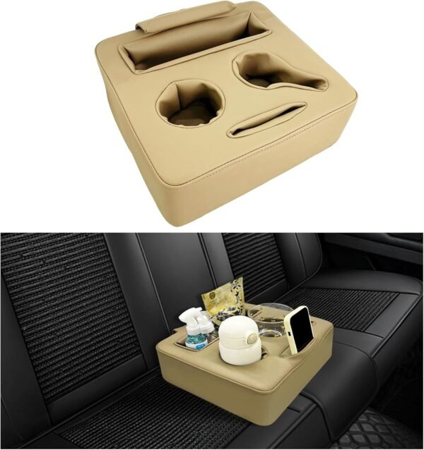 Car Back Seat Organizer, Leather Sofa Cup Holder Tray, Waterproof Sofa Pillow to Store Drink Snack Phone, Universal Auto Holder for Car, RV, Bed (Beige)