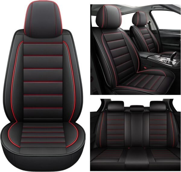 Leather Car Seat Covers, Waterproof Faux Leatherette Cushion Cover for Cars SUV Pick-up Truck Universal Fit Set for Auto Interior Accessories(Black&Red Full Set)