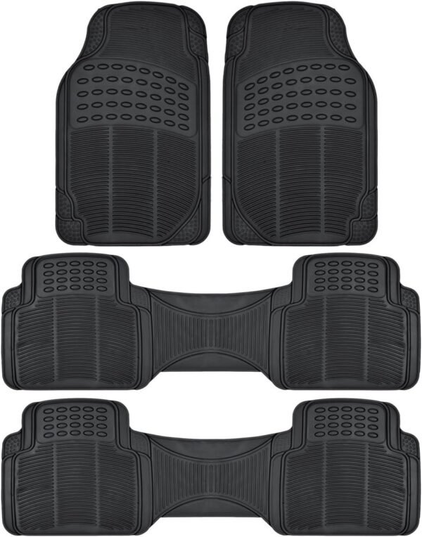 3-Row  Original Heavy Duty 4pc Front & Rear Rubber Floor Mats for Car SUV Van (Fits 3rd Row Vehicles) - All Weather Protection Universal Fit (Black)