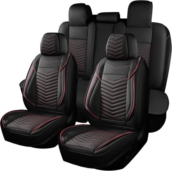 Car Seat Covers,Breathable and Waterproof Faux Leather Automotive Seat Covers,Universal Anti-Slip Driver Seat Cover for Cars SUV Pick-up Truck Sedan(Style1,5 PCS Full Set,Black+Red)