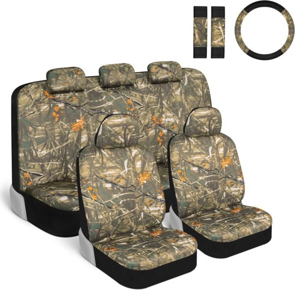 Car Seat Covers Full Set with Steering Wheel Cover and Seat Belt Pads – Real Mossy Tree Oak Forest Camouflage Pattern, Automotive Front & Bench Back Seat Cover for Cars Trucks SUV