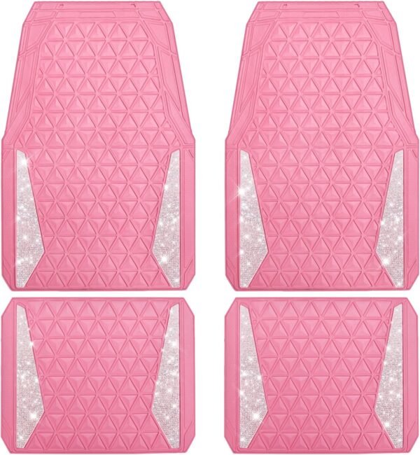 Car Mats Diamond Rubber Floor Mats Full Set Anti-Slip 3D Rhombus Waterproof Trim to Fit Liner Universal Glitter Crystal Sparkly Shining Rhinestone Girl Women SUV Sedan Van, Pink Rubber