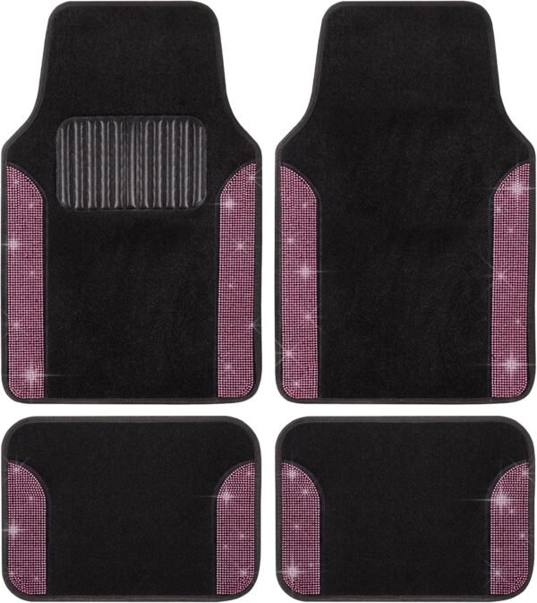 Diamond  Car Mats 4-Piece Set, Shiny Rhinestone Crystal Carpet Car Floor Mats, Two-Tone Floor Mats for Cars, Cute Automotive Floor Mats for Women (Pink)